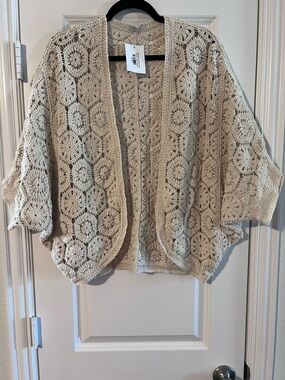 Open-Front Crochet Cardigan Sweater - Cream